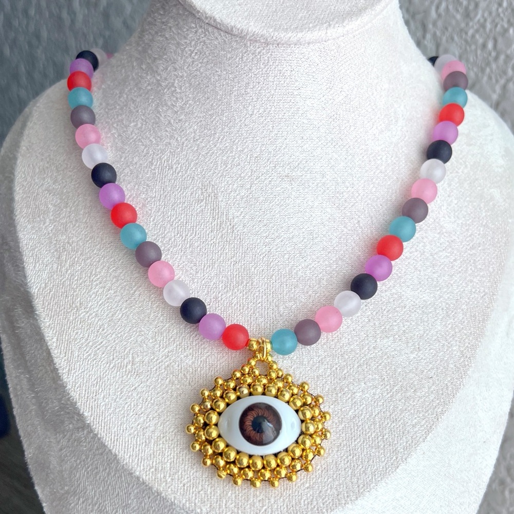 Colorful Beaded handmade evil eye Necklace with Gold Eye Pendant.